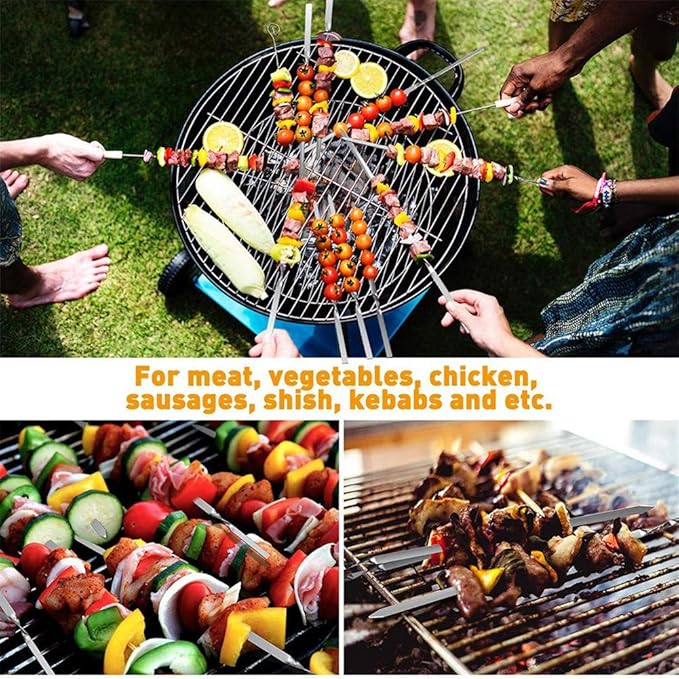 12PCS Kabob Skewers Flat Metal BBQ Barbecue Skewers 16" Long Hook Style Stainless Steel Shish Kebob Sticks Wide Sharp Reusable Grilling Skewers Set for Meat Shrimp Chicken Vegetable, 12 Pack