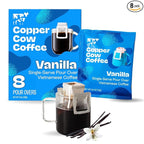 Copper Cow Coffee Premium Pour Over Single-Serve Vietnamese Coffee Pouches (8 pack) | Vanilla | Dark Roast | Flavored with Vanilla Beans | Convenient Vietnamese Ground Coffee Packets, Travel Friendly