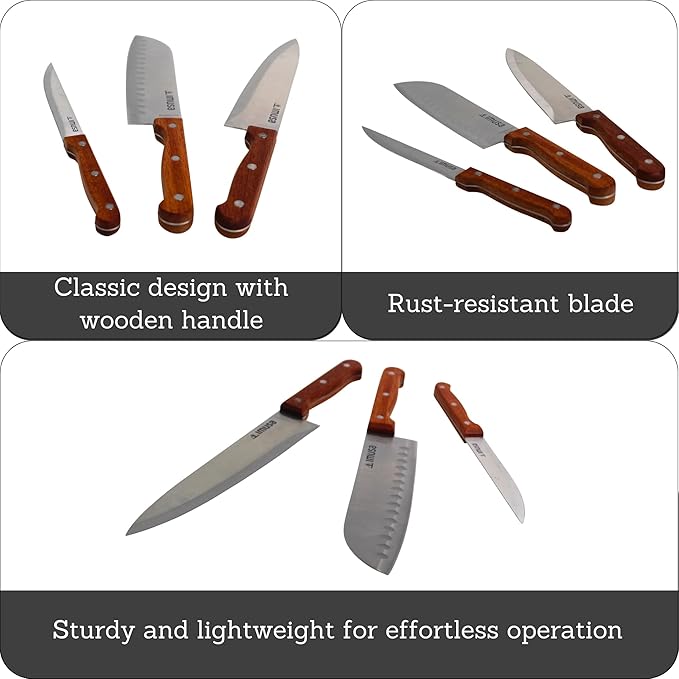 IMUSA 3pc Knife Set with Wood Handle, 8” Chef Knife, 7” Santoku Knife & 5” Utility Knife, Sharp Kitchen Knives for Cooking, Stainless Steel Blade