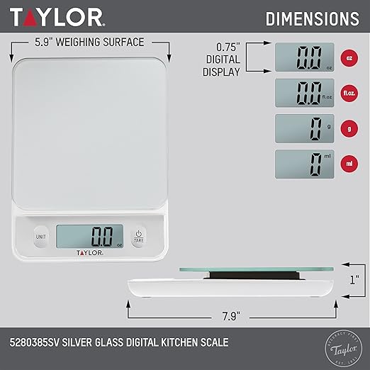 Taylor Glass Top Food Scale with Touch Controls, 11 lb Capacity, Sleek Silver Design, Accurate and Easy-to-Use Scale for Cooking and Baking