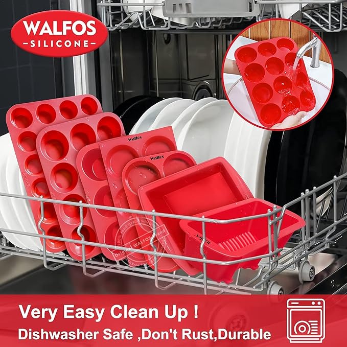 Walfos Silicone Mini Bread Baking Pan 6 Cavities Non-Stick Silicone Mini Loaf Pans 2 Pieces Food Grade Baking Mold For Bread, Cakes, Muffin, Dough, Easy Pop Out and Dishwasher Safe