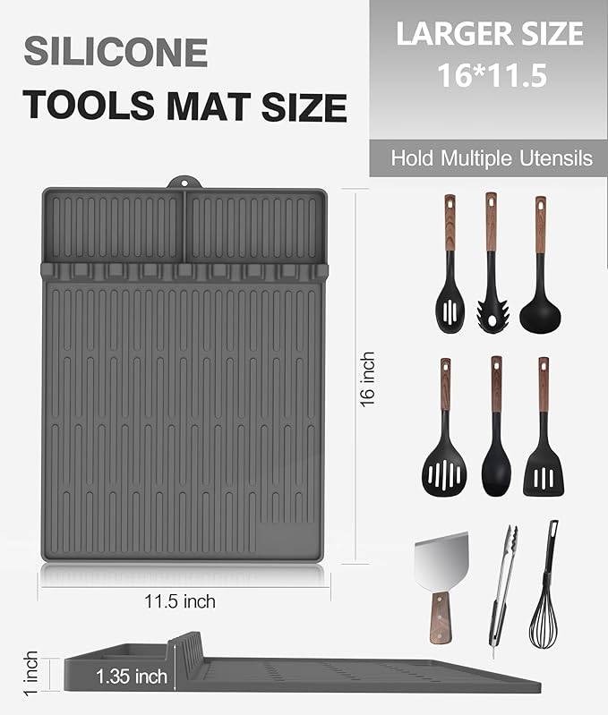 Silicone Griddle Tools Mat for Blackstone - Large Silicone Spatula Mat with Drip Pad - Griddle Mats BBQ Grill Accessories - Side Shelf Mats Grill Pad for Blackstone Griddles Accessories（Gray）