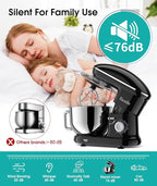 Facelle Stand Mixer, 660W 6 Speed Electric Kitchen Mixer with Pulse Button, Attachments include 6.5QT Bowl, Dishwasher Safe Beater,Dough Hook,Whisk & Splash Guard for Dough,Baking,Cakes,Cookie(Black)