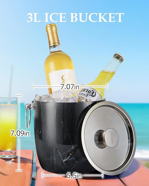 3 Liters Ice Bucket, Double Wall Stainless Steel, Insulated Ice Bucket, Including Strainer & Ice Cover Ice Tongs, Scoope,Black Marble