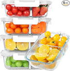 KOMUEE 30 oz 5 Pack Glass Meal Prep Containers 2 Compartments, Glass Food Storage Containers with Lids, Airtight Lunch Box, Microwave, Oven and Freezer Safe, White