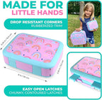 Bento Lunch Box with Insulated Bag, Water Bottle & Ice Pack Set for Kids Toddlers, 4 Portion Sections, Removable Tray, Pre-School Girl Kid Toddler Daycare Lunches, Snack Container, Purple Rainbow