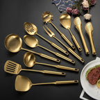 304 Stainlss Steel Matte Kitchen Utensils Set, 11 Pcs Long Metal Cooking Utensil Gadgets Tools Set with Spatula, Spoon, Ladle, Skimmer, Tunner, Pasta Server, Tongs(Gold, Dishwasher Safe)