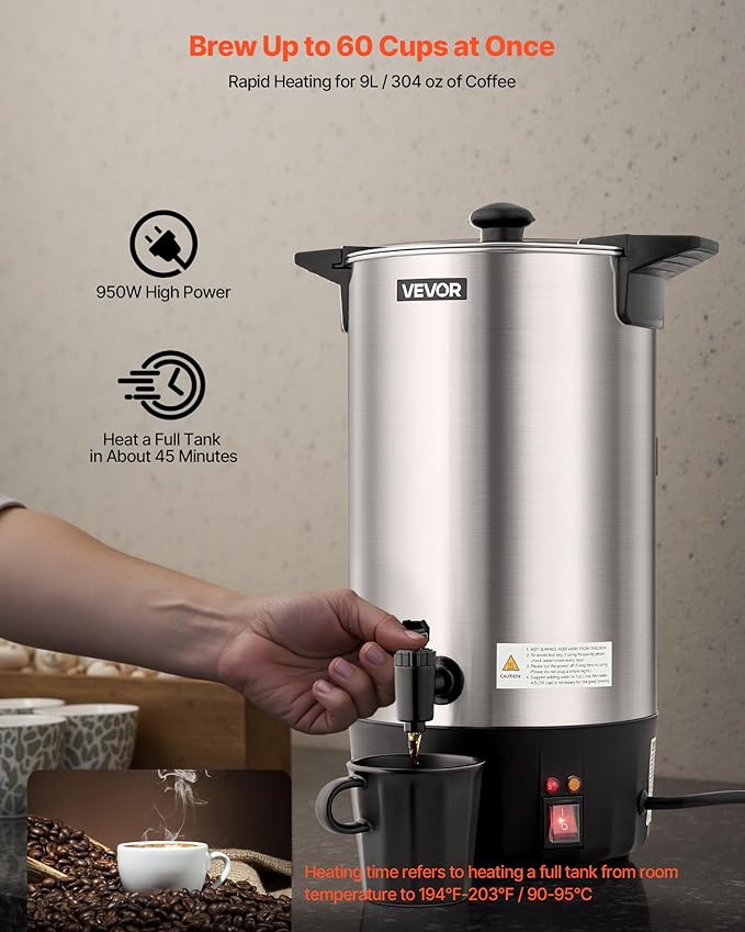 VEVOR Commercial Coffee Urn, 60 Cup 9 L Hot Beverage Dispenser with Dripless Faucet, Quick-Brewing Stainless Steel Large Commercial Coffee Maker, for Catering, Business, Party, Church & Restaurant