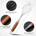 Stainless Steel Whisk for Cooking Wooden Handle Kitchen Non Stick Balloon Wire Metal Baking Whisk Egg Beater for Blending, Whisking Beating Stirring, 12inch (Wooden Handle)