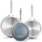 GreenPan Valencia Pro Tri-Ply Stainless Steel 8” 10” & 12” Frying Pan Skillet Set, Ceramic Nonstick PFAS-Free Coating, Multi Clad Cookware, Induction, Dishwasher Oven and Broiler Safe