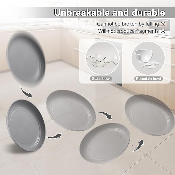 12 Pcs Unbreakable Deep Dinner Plates Set, 10 inch Reusable Plastic Wheat Straw Plates, Microwave and Dishwasher Safe Plate for Kitchen, Lightweight Plate for Dessert, BPA Free, Dark Gray