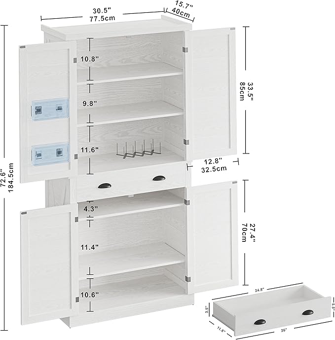 IRONCK Kitchen Pantry Storage Cabinet 72.6" H, with Barn Doors, Drawer, 4 Adjustable Shelves, Freestanding Cupboard, Laundry, White