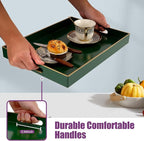 Gifturbo Large Serving Tray with Handles，Green Rectangular Plastic Elegant Decorative Coffee Table Trays for Ottoman, Living Room, Bathroom, Home Decor, Vanity Tray with Gold Trimming, 15.7” x 11.8”