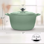 Signature Enameled Cast Iron Dutch Oven, Non-Stick Serving Pot with Tight Fitting Lid for Perfect Roasting, Baking, Sauteing, and Bread Making | 13.5Q (12.7L) - Sage