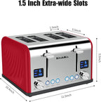 Toaster 4 Slice, KitchMix Bagel Stainless Toaster with LCD Timer, Extra Wide Slots, Dual Screen, Removal Crumb Tray (Red)