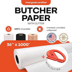 White Butcher Paper 36" x 12000" (1000 feet) with Cutter - USA-Made Natural Butcher Paper Roll for Meat & Fish - Uncoated, Unwaxed & Food-Grade Material for Smoker, Grilling & BBQ by IDL Packaging
