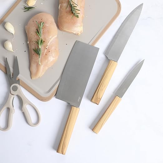 Oster Huntingfield 6 Piece Knife Set - Olive Wood Stainless Steel Chef Knife, Cleaver, Pairing Knive, Kitchen Shear, Peeler and PP Cutting Board