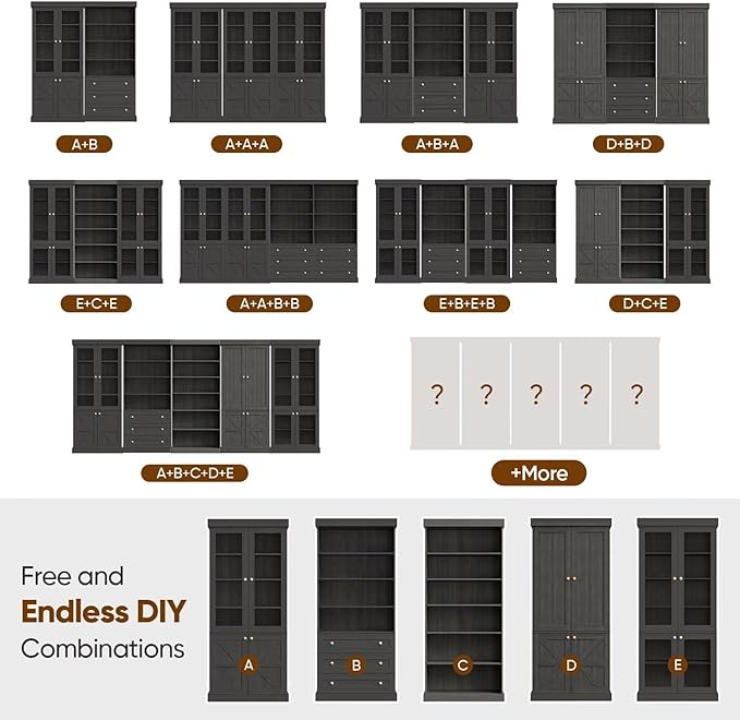 70.8" Tall Black Bookshelf with Glass Doors, Farmhouse Modular Bookcase with 6-Tier Adjustable Shelves, Large Storage Cabinet for Home Office, Living Room, Set of 2