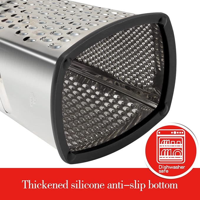 Ourokhome Cheese Grater with Handle, Stainless Steel Box Grater, 4 Side Kitchen Vegetable Shredder Slicer Zester with Container for Parmesan, Cabbage, Ginger, Lemon, Chocolate, Coconut (Black)