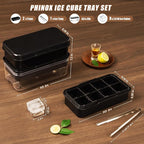 PHINOX Large Ice Cube Tray with Lid and Bin, Ice Trays for Freezer, 2 INCH Whiskey Ice Cubes Mold, 2*8 pcs Square Ice Cube Mold with Tong, Easy to Release, Large Ice Tray for Whiskey Cocktail Bourbon