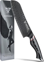 Japanese 7" Santoku Knife - Kitchen Chef Knife - Black Damascus Steel with Ergonomic Handle - MIAO Series