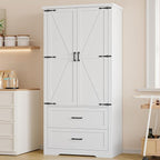 Pantry Organizers and Storage Cabinet, 71” Barn Door White Kitchen Cabinet with Drawers and Adjustable Shelf, Tall Pantry for Kitchen, Dining Room, Living Room. Bathroom and Office