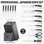 Premium Knife Set 15 Pcs Quality Kitchen Knife Set with Block, Japanese High Carbon Stainless Steel Razor Sharp Knife Block Set, Acacia Wood Block Knife Set with Ergonomic Full-tang Handle