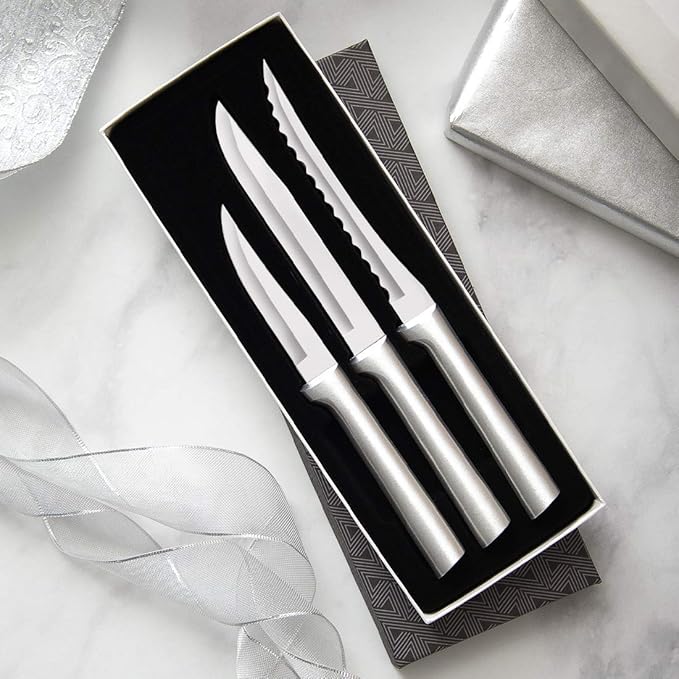 Rada Cutlery 3-Piece Cooking Essentials Knife Gift Set (S49), Stainless Steel Hollow Ground Blades, Made in USA, Silver Handles