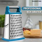 Rainspire Professional Box Grater, Cheese Grater Box for Kitchen Stainless Steel with 4 Sides, Cheese and Spice Graters with Handle for Vegetables, Ginger, Potatoes, Blue