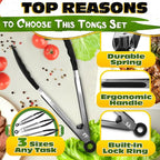 3Pcs Kitchen Tongs with Silicone Tips - Tong Set 7/9/12" | Silicone Tongs for Cooking Heat Resistant, High Temperature, Non Stick, Built-In Lock Ring - Stainless Steel Kitchen Utensils for Cooking