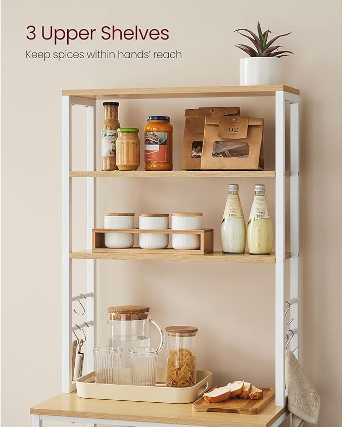 VASAGLE Coffee Bar, Baker’s Rack for Kitchen with Storage, 6-Tier Kitchen Shelves with 6 Hooks, Microwave Stand, Industrial, 15.7 x 23.6 x 65.7 Inches, Oak Color and White UKKS024W09