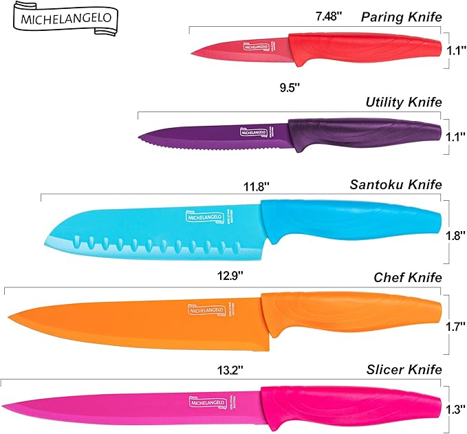 MICHELANGELO Knife Set, Sharp 10-Piece Kitchen Knife Set with Covers, Multicolor Knives, Stainless Steel Knives Set for Kitchen, 5 Rainbow Knives & 5 Sheath Covers