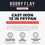 GreenPan x Bobby Flay 12” Cast Iron Pre-Seasoned Skillet with Helper Handle, Professional Grade Heavy Duty, Induction, Pour Spouts, Versatile Stovetop, Oven, BBQ Grill Fire, Indoor/Outdoor Use, Black