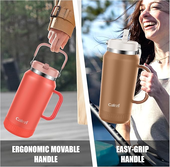 64oz Half Gallon Insulated Water Jug with Flip Straw & Silicone-Grip Handle - Leak-Proof, Sweat-Free, BPA-Free, Iced for 34 Hours, Wide Mouth, Dishwasher Safe, Anti-Slip Base