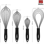 Walfos Whisk Silicone Whisks set, Non Scatch Coated Whisks for Cooking and Baking, Heavy Duty Set of 4 Kitchen Whisk - 11'' Flat Wisk and 7''+10''+12'' Balloon.