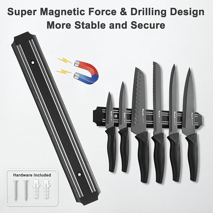 Wanbasion 7 Piece Black Sharp Knife Set for Kitchen, Stainless Steel Chef Knife Set with Magnetic Strip and Cover for Meat Cutting