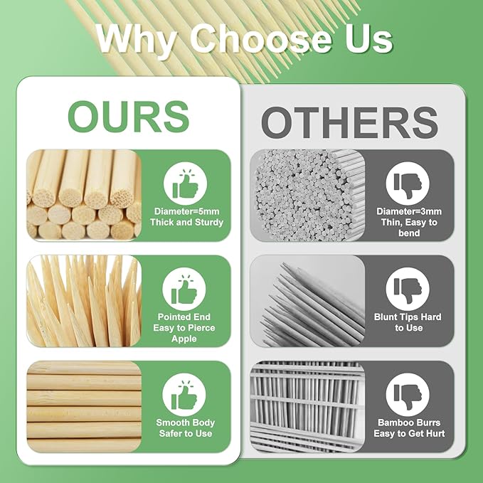 Bamboo Candy Apple Skewer Sticks Semi Pointed, 5mm 5.5inch Cotton Rock Candy Caramel Lollipop Sticks, Natural Wooden BBQ Barbecue Skewer for Corn Dog 200 PCS