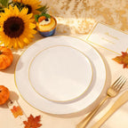 KIRE 200PCS Gold Plastic Plates - Disposable Plates for Party - White Plastic Plates with Gold Rim Include 100 for Dinner and 100 for Dessert/Salad in Wedding/Thanksgiving