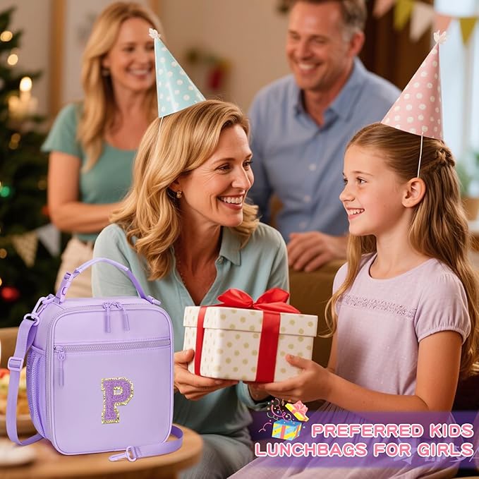 Initial Insulated Lunch Bag for Girls Kids, Back to School Gift, Reusable Leak-proof Lunch Box with Adjustable Strap for School Daycare Travel Picnic (Purple,P)