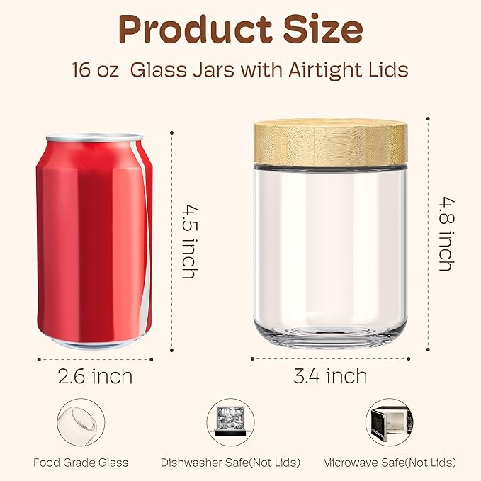 2 Pack 16oz Overnight Oats Containers with Bamboo Lids, Glass Jars with Airtight Lids for Meal Prep, Wide Mouth Mason Salad Jars, Glass Food Storage Container for Yogurt Chia Snacks Spice Sugar