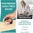 GD Garlic press rocker, crusher, mincer tool stainless steel with a Garlic Peeler, spatula, and Brush extract more Garlic Paste. The Garlic Mincer Tool Squeezes, Extracts, Crushes