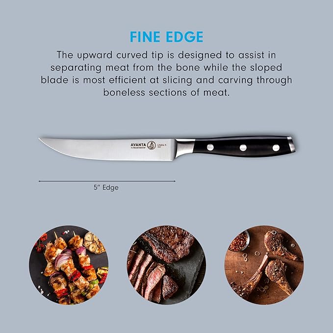 Messermeister Avanta Forged 5” Fine Edge Steak Knife Set - German X50 Stainless Steel - Rust Resistant & Easy to Maintain - Includes 4 Steak Knives