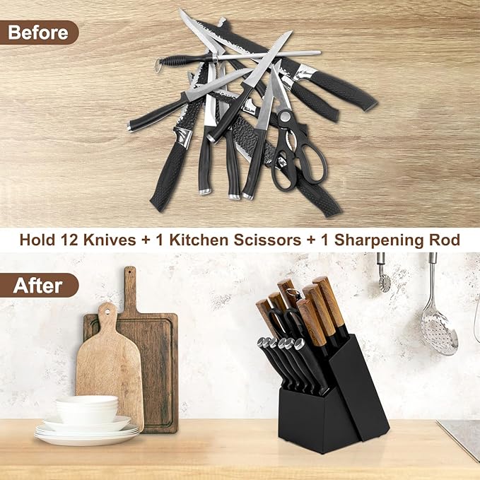 RedCall Universal Knife Block Holder,Large Wood Bamboo Knife Block without Knives,14 Slot Universal Knife Holder Countertop,Butcher Block Knife Storage Organizer for Kitchen (Black)