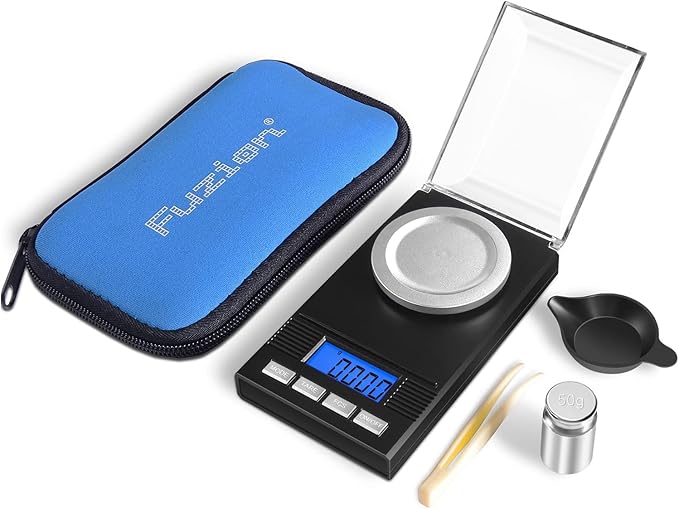 Fuzion Milligram Scale 50g/0.001g, Portable Jewelry Scale .001 Gram Accuracy, Mg Scale, Powder Scale, Microgram Scale, Milligram Scale for Powder with Tray/Tweezers/Calibration Weight