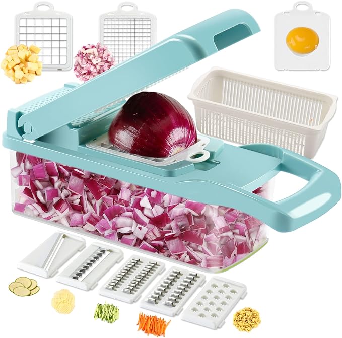 Ourokhome Vegetable Chopper Onion Cutter, 12 in 1 Professional Mandoline Slicer for Kitchen, Multifunctional Food Chopper for Potato, Tomato, Veggie with Strainer Basket, 8 Blades, Blue