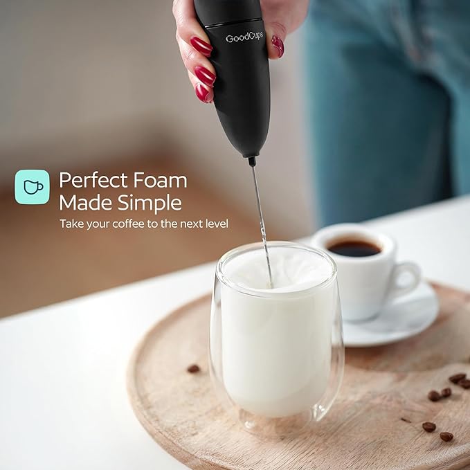 Milk Frother Handheld – Electric Foam Maker Wand with Stainless Steel Whisk – Battery Powered Mini Mixer for Coffee, Matcha, Lattes & Cappuccinos, Black