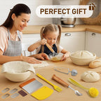 Banneton Bread Proofing Basket, Sourdough Starter Kit, 9" Round Sourdough Bread Baking Supplies with Dough Whisk, Bread Lame, Brush, Scrapers, Flour Duster & Stencils, Bread Making Tools Gift Set