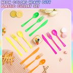 300 Pack Neon Party Disposable Plastic Silverware Heavy Duty, Plastic Cutlery Set, Forks and Spoons Knives Set for Birthday Party Prom Night, Weddings（Orange,Green, Hot Pink, Yellow Colors）