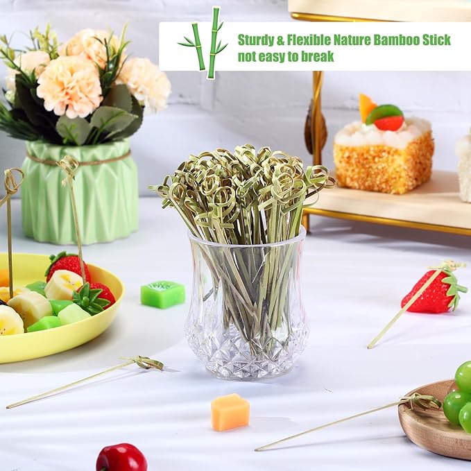 Nuogo 2000 Pcs Bamboo Cocktail Picks 4.13 Inch Bamboo Skewers Fruit Toothpicks for Appetizers Drink Garnish Sticks Handmade Food Pick with Looped Knot for Party Bar Snacks Sandwiches Drinks
