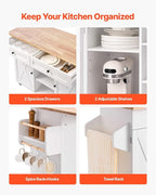 VEVOR Kitchen Island Cart, with Solid Wood Top and Storage Cabinet, Mobile Rolling Table with Drop Leaf, Drawers, Spice Towel Rack, Portable Islands on Swivel Wheels for Dining Room, 52in Width, White